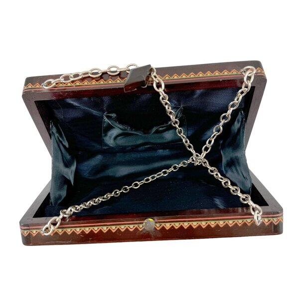 Carved Wooden Box Purse Chain Handles Fabric Lined Vintage Tiki Boho Hippie - Picture 7 of 9